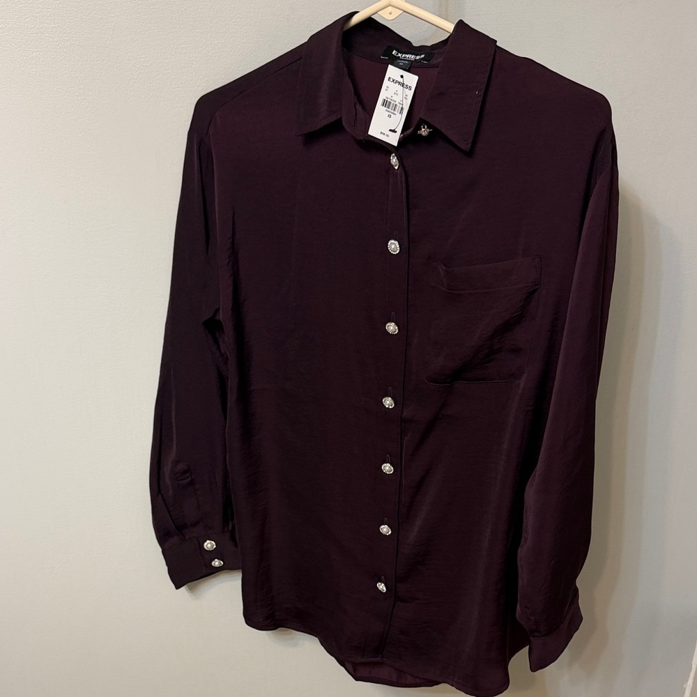 Express Dark Maroon Portofino Blouse with Pearl and Rhinestone Buttons NWT